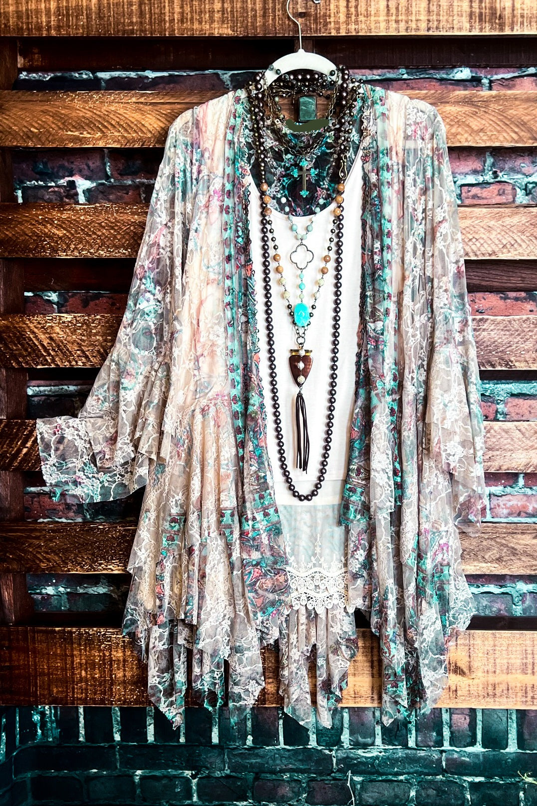 Like a Love Song Vintage-Inspired Lace Cardigan in Taupe & Turquoise