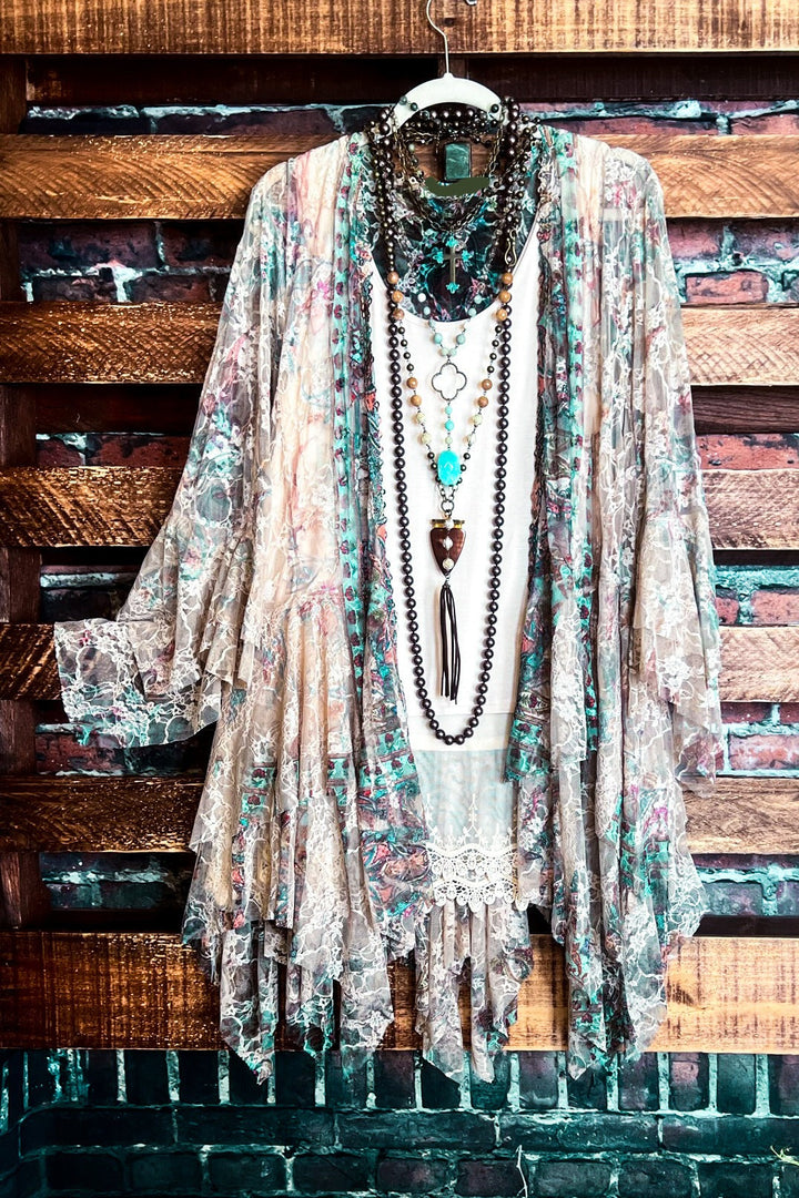 Like a Love Song Vintage-Inspired Lace Cardigan in Taupe & Turquoise