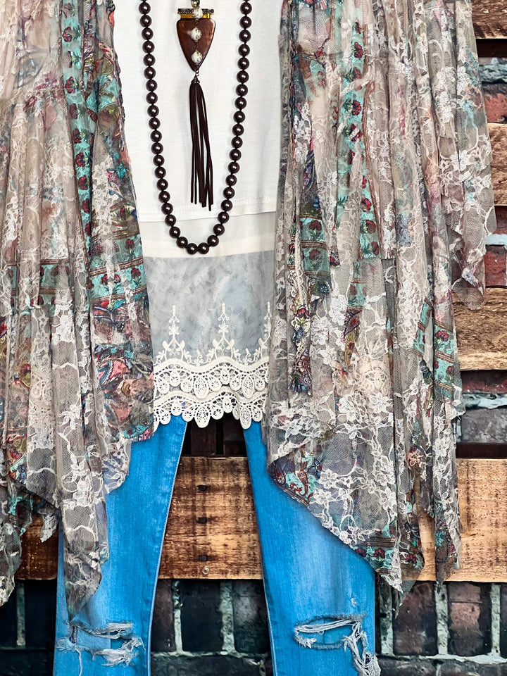 Like a Love Song Vintage-Inspired Lace Cardigan in Taupe & Turquoise