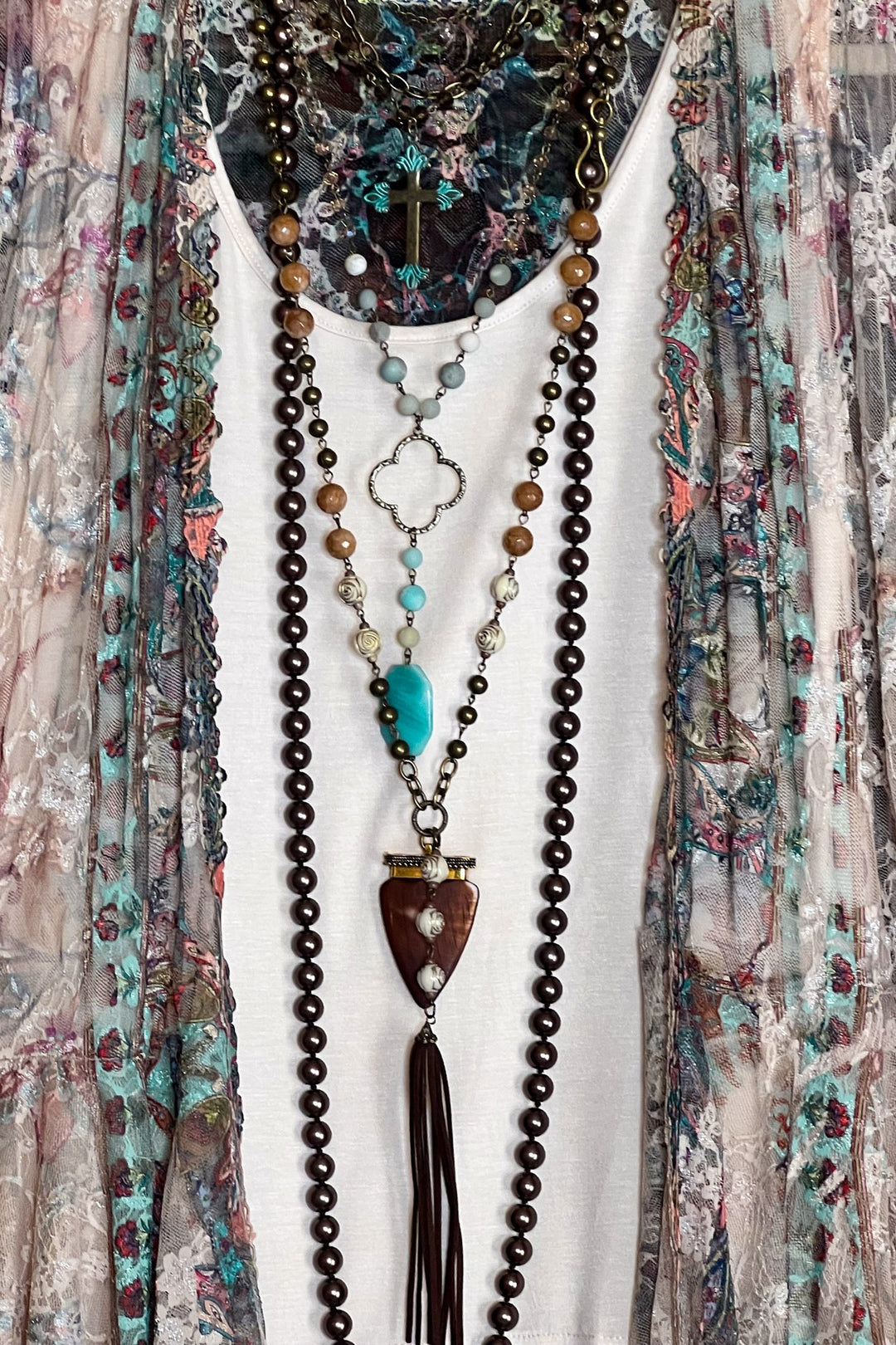 Like a Love Song Vintage-Inspired Lace Cardigan in Taupe & Turquoise
