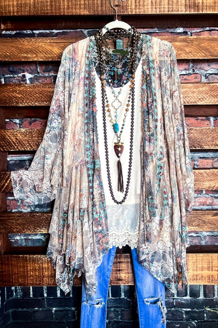 Like a Love Song Vintage-Inspired Lace Cardigan in Taupe & Turquoise