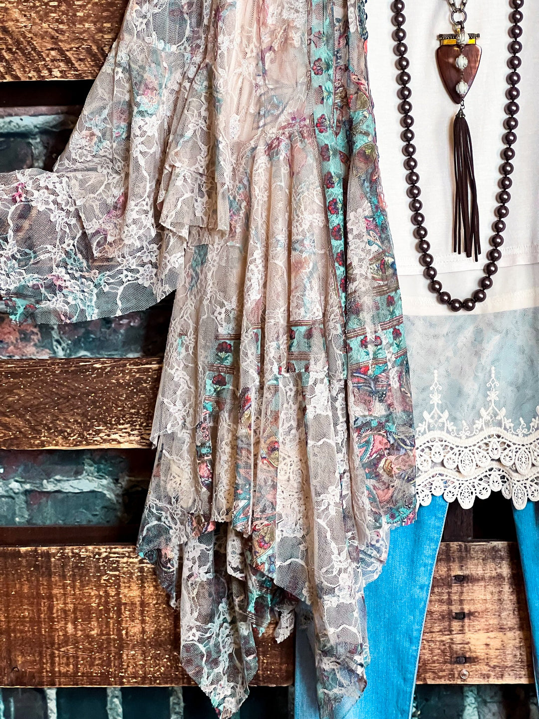 Like a Love Song Vintage-Inspired Lace Cardigan in Taupe & Turquoise