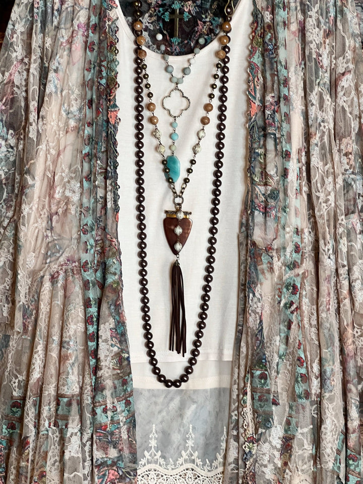 Like a Love Song Vintage-Inspired Lace Cardigan in Taupe & Turquoise