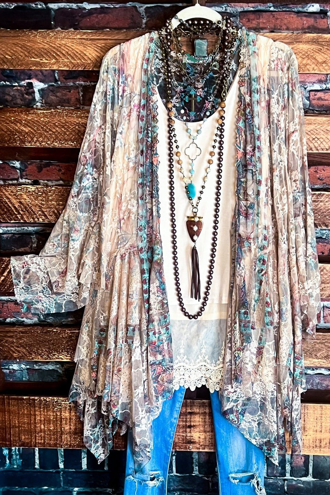 Like a Love Song Vintage-Inspired Lace Cardigan in Taupe & Turquoise