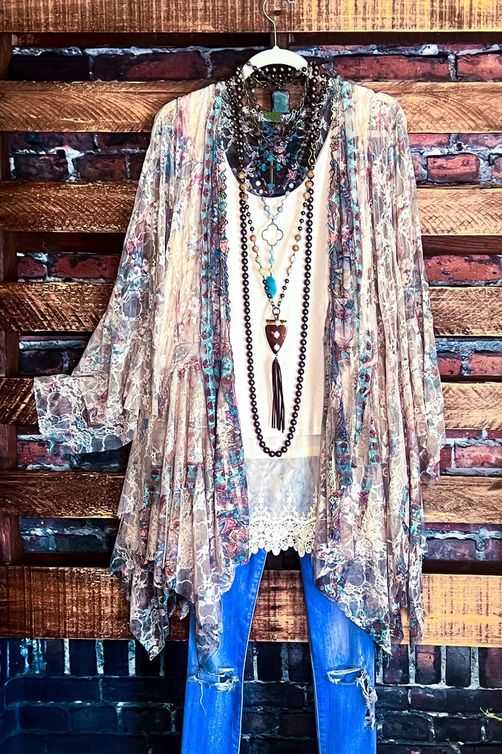 Like a Love Song Vintage-Inspired Lace Cardigan in Taupe & Turquoise