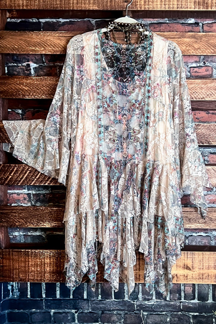 Like a Love Song Vintage-Inspired Lace Cardigan in Taupe & Turquoise