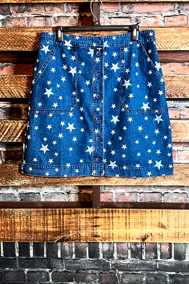 AROUND TOWN STARS PRINT DENIM SKIRT -------SALE