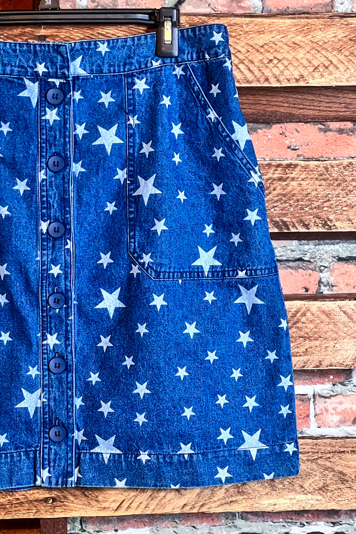 AROUND TOWN STARS PRINT DENIM SKIRT -------SALE