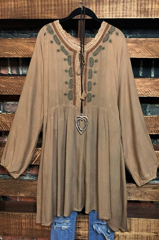 EMBROIDERED DRESS IN TAN REGULAR & PLUS SIZE---------sale