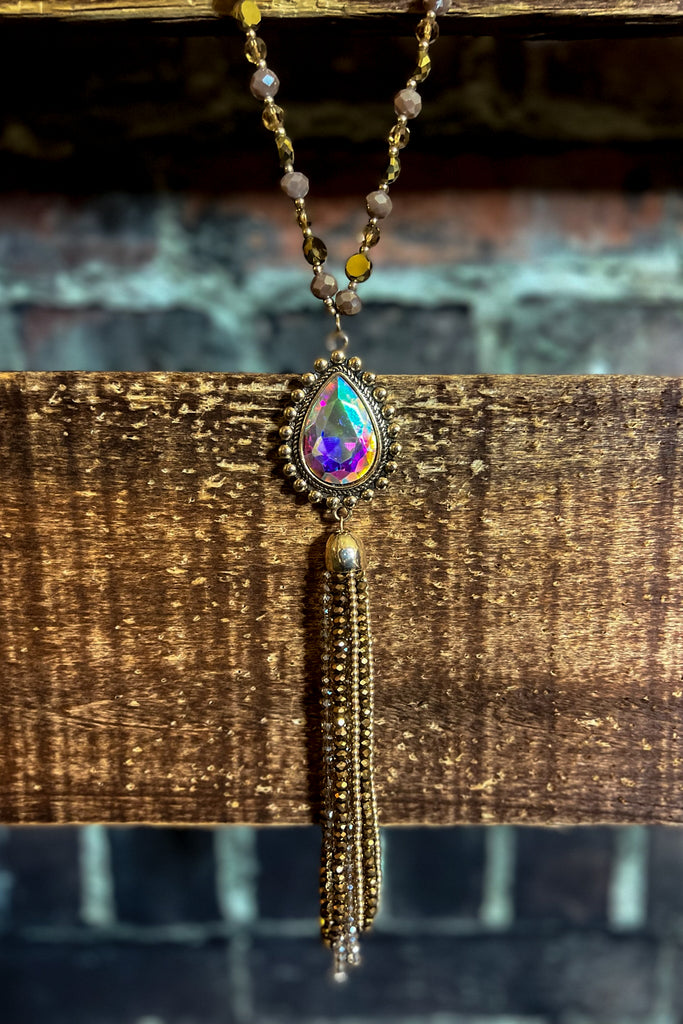A DARLING CRYSTAL BEADED TASSEL NECKLACE IN GOLD COLOR