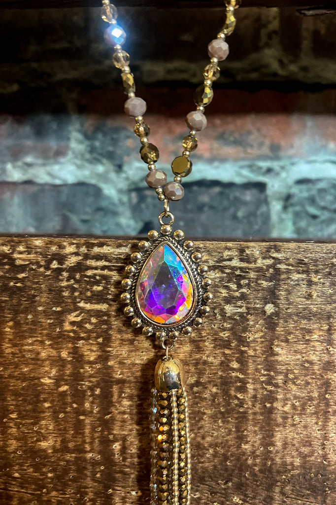 A DARLING CRYSTAL BEADED TASSEL NECKLACE IN GOLD COLOR
