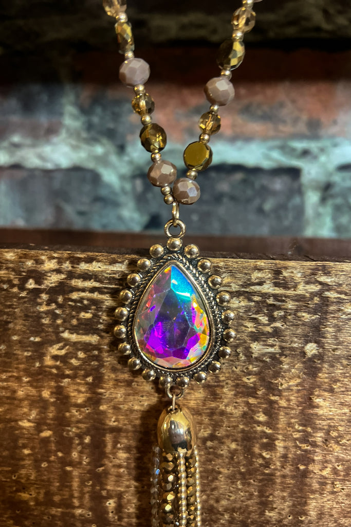 A DARLING CRYSTAL BEADED TASSEL NECKLACE IN GOLD COLOR