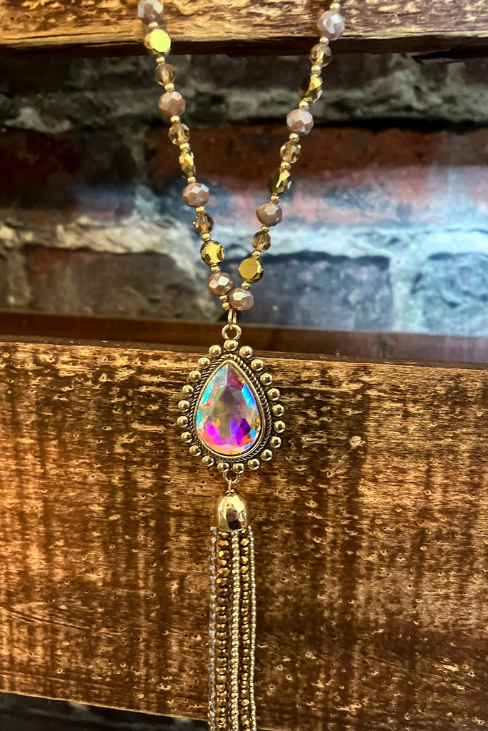 A DARLING CRYSTAL BEADED TASSEL NECKLACE IN GOLD COLOR