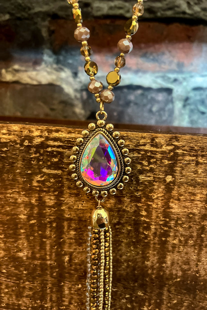 A DARLING CRYSTAL BEADED TASSEL NECKLACE IN GOLD COLOR