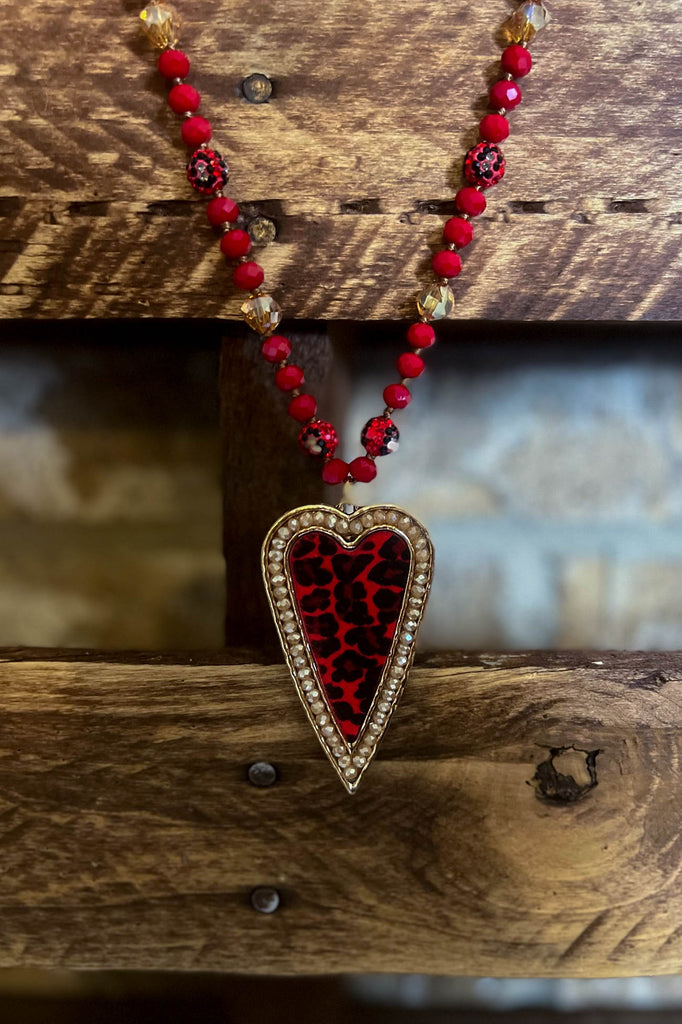 PASSION WILD HEART CRYSTAL BEADED NECKLACE IN RED