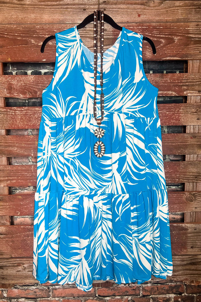 SEASIDE PALM LEAVES DRESS IN TURQUOISE------------SALE