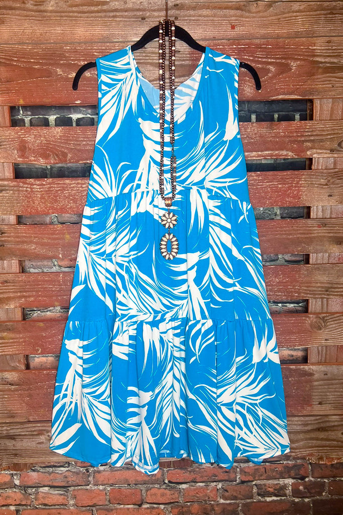 SEASIDE PALM LEAVES DRESS IN TURQUOISE------------SALE