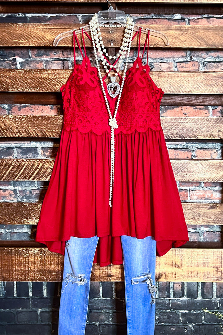 SWEET PASSION LACE BRALETTE CAMI TOP IN CRIMSON RED