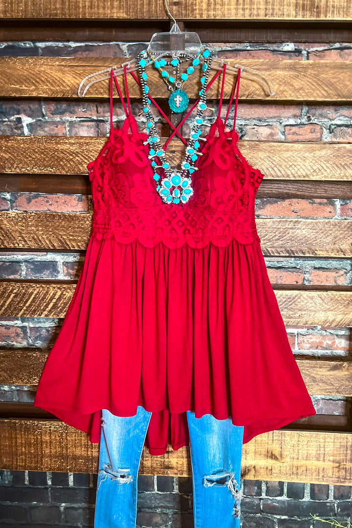 SWEET PASSION LACE BRALETTE CAMI TOP IN CRIMSON RED