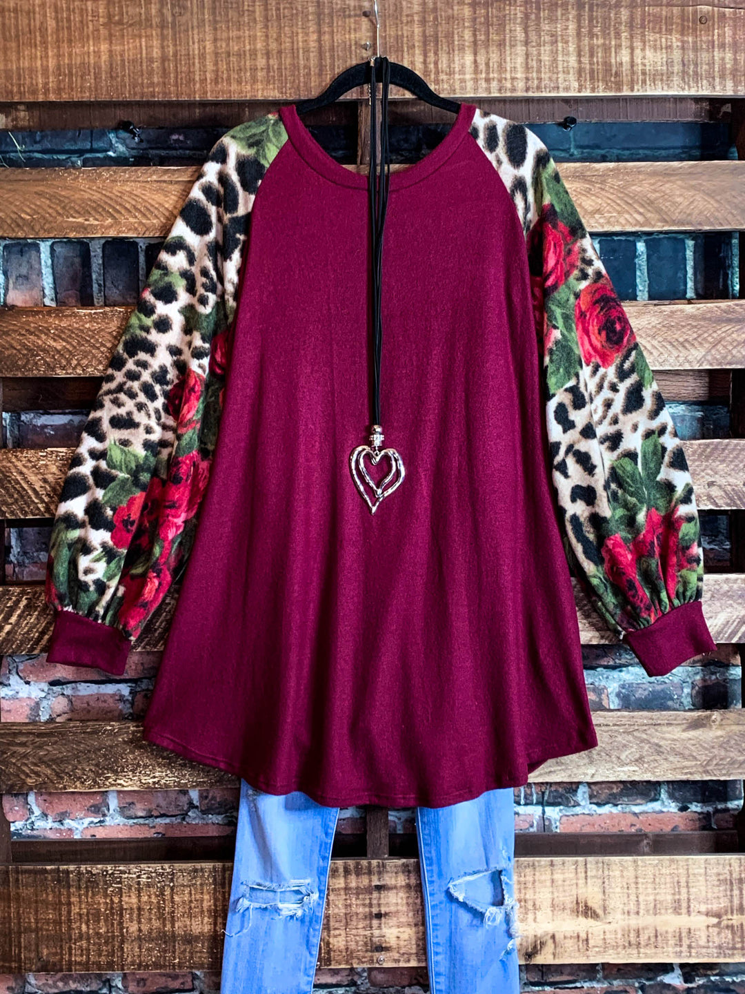 CAUGHT BY SURPRISE FLORAL FLEECE TUNIC IN BURGUNDY -----------SALE