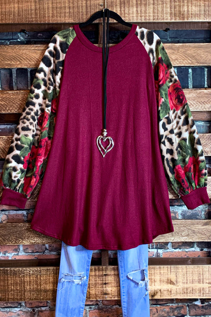 CAUGHT BY SURPRISE FLORAL FLEECE TUNIC IN BURGUNDY -----------SALE