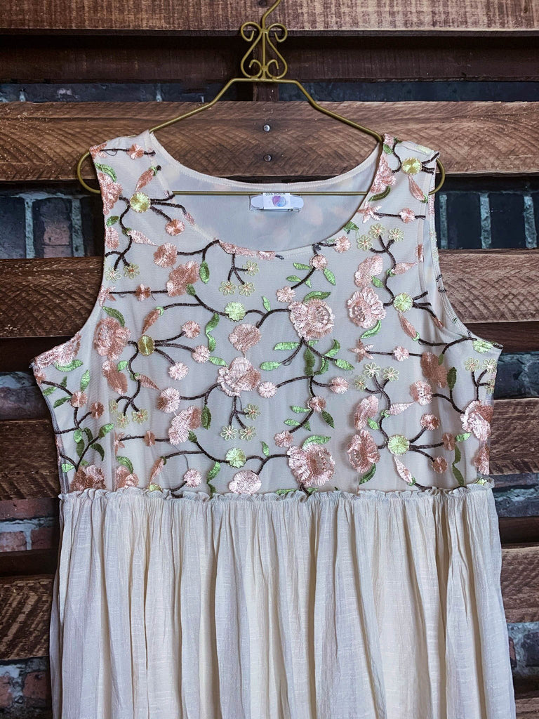 A FAIRYTALE GARDEN DREAM EMBROIDERED DRESS IN PEACH/BEIGE----------SALE