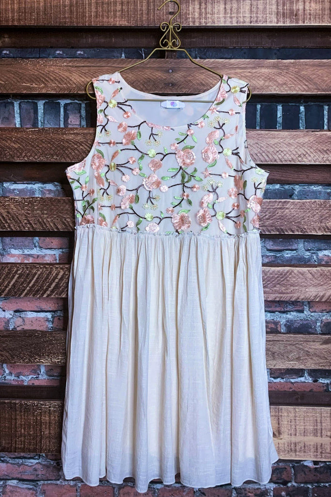 A FAIRYTALE GARDEN DREAM EMBROIDERED DRESS IN PEACH/BEIGE----------SALE