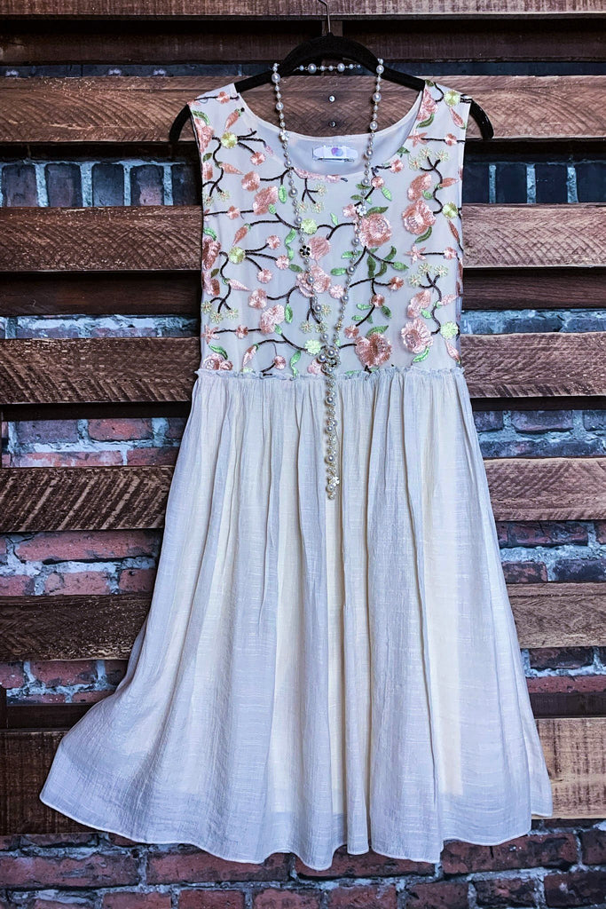 A FAIRYTALE GARDEN DREAM EMBROIDERED DRESS IN PEACH/BEIGE----------SALE