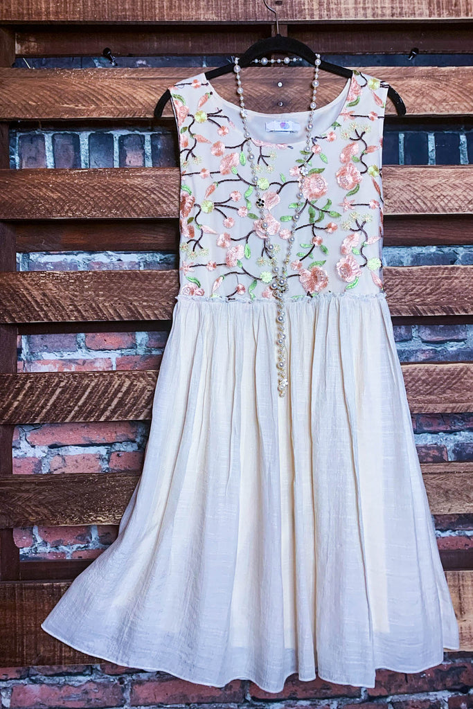 A FAIRYTALE GARDEN DREAM EMBROIDERED DRESS IN PEACH/BEIGE----------SALE