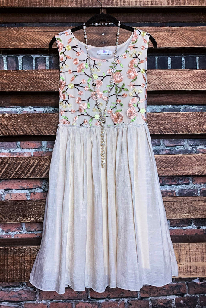 A FAIRYTALE GARDEN DREAM EMBROIDERED DRESS IN PEACH/BEIGE----------SALE