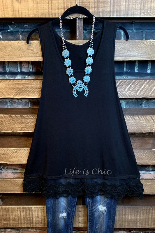 SWEETER THAN HONEY LACE SLIP DRESS EXTENDER TOP CAMI IN BLACK