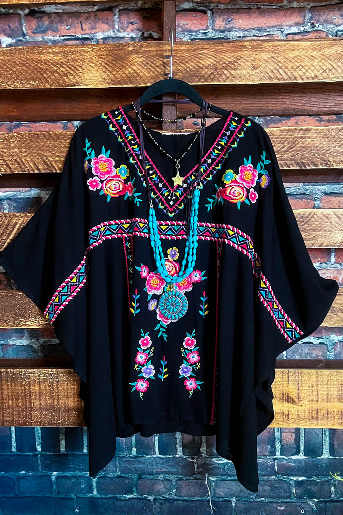 CREATIVE DREAMER EMBROIDERED PONCHO TUNIC IN BLACK