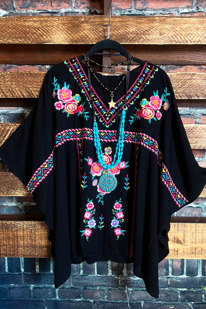 CREATIVE DREAMER EMBROIDERED PONCHO TUNIC IN BLACK