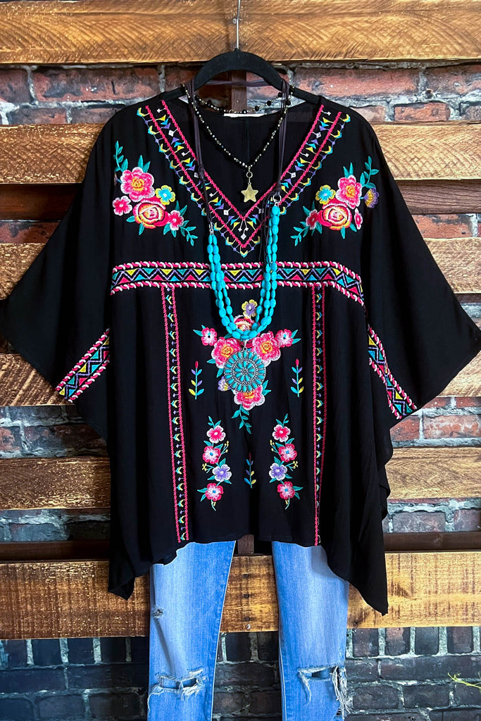 CREATIVE DREAMER EMBROIDERED PONCHO TUNIC IN BLACK