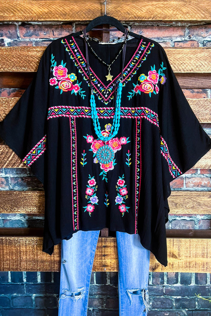 CREATIVE DREAMER EMBROIDERED PONCHO TUNIC IN BLACK