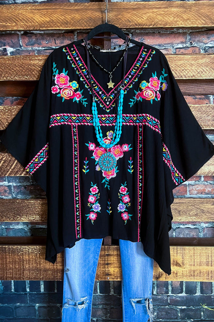 CREATIVE DREAMER EMBROIDERED PONCHO TUNIC IN BLACK