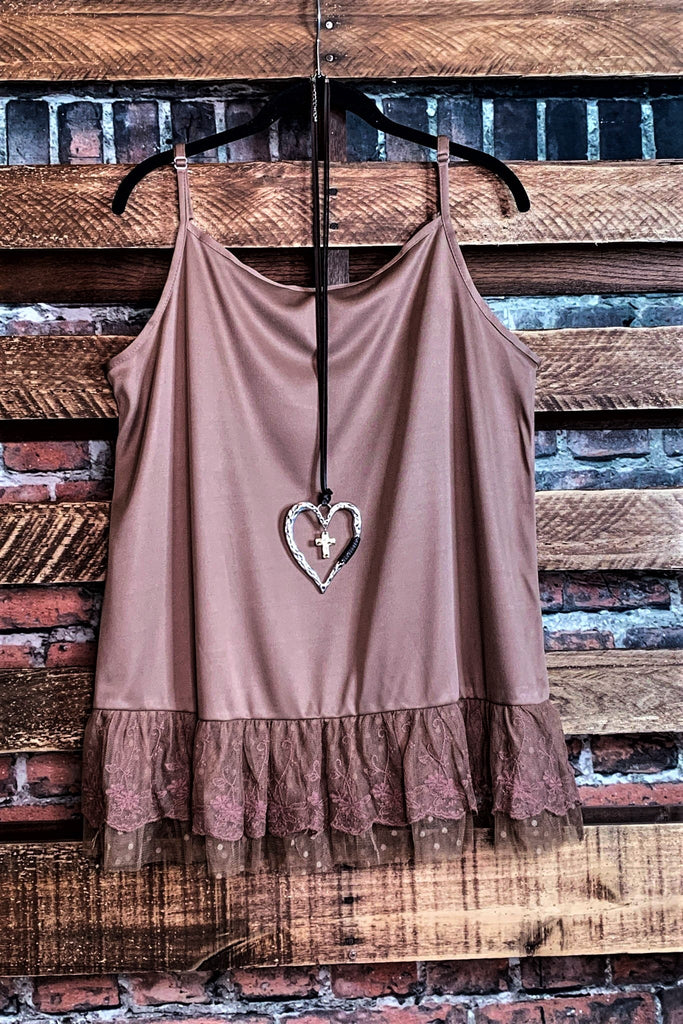 SWEET SECRETS LACE TOP LAYERING SLIP IN MOCHA------------SALE