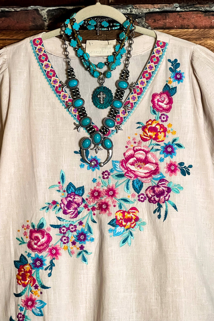 6-24 SIZE - Natural 100% Cotton Floral Embroidered Top--------SALE