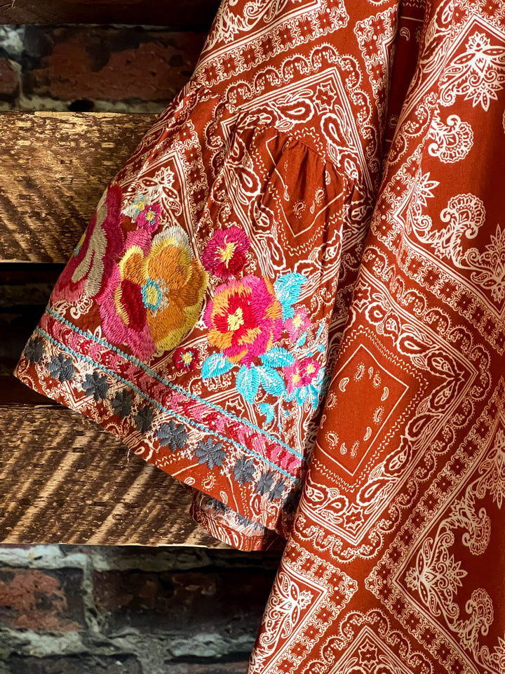 14-18 SIZE - RUSTIC BOHO EMBROIDERED TOP IN RUST--------SALE