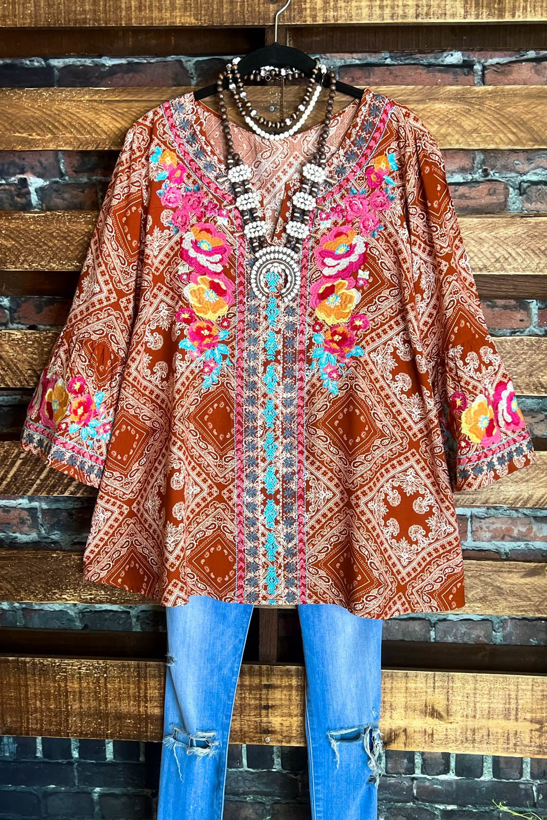 14-18 SIZE - RUSTIC BOHO EMBROIDERED TOP IN RUST--------SALE