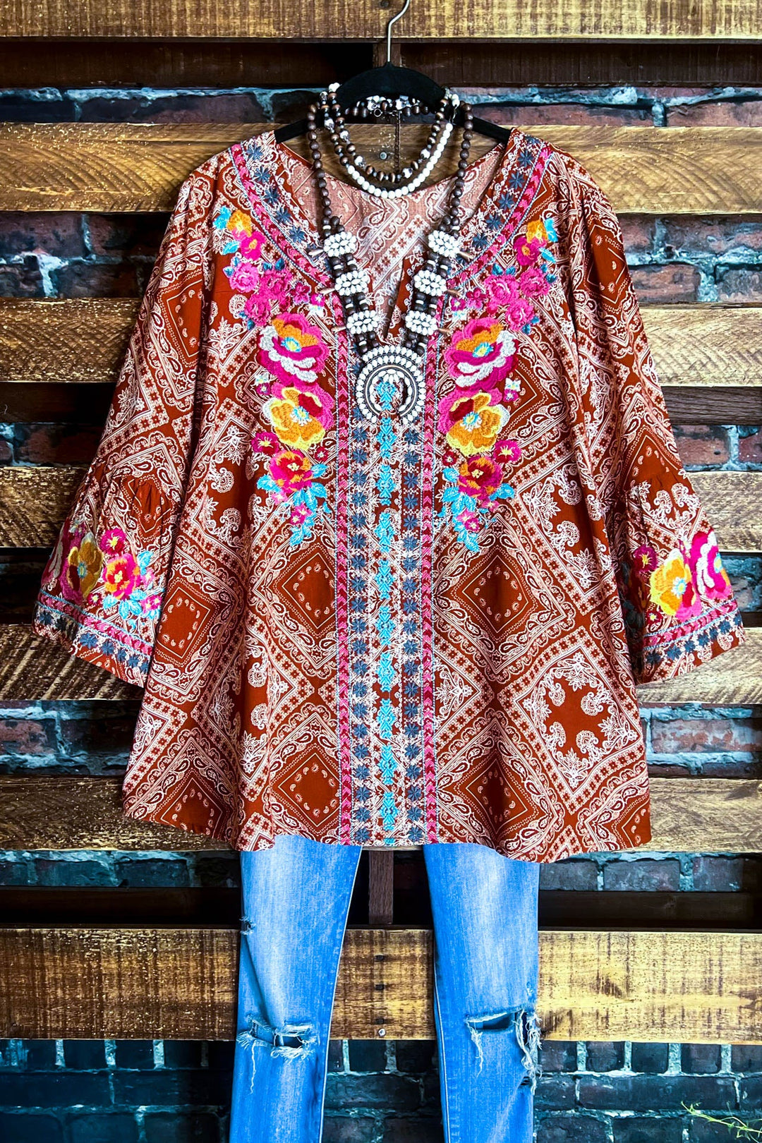 14-18 SIZE - RUSTIC BOHO EMBROIDERED TOP IN RUST--------SALE