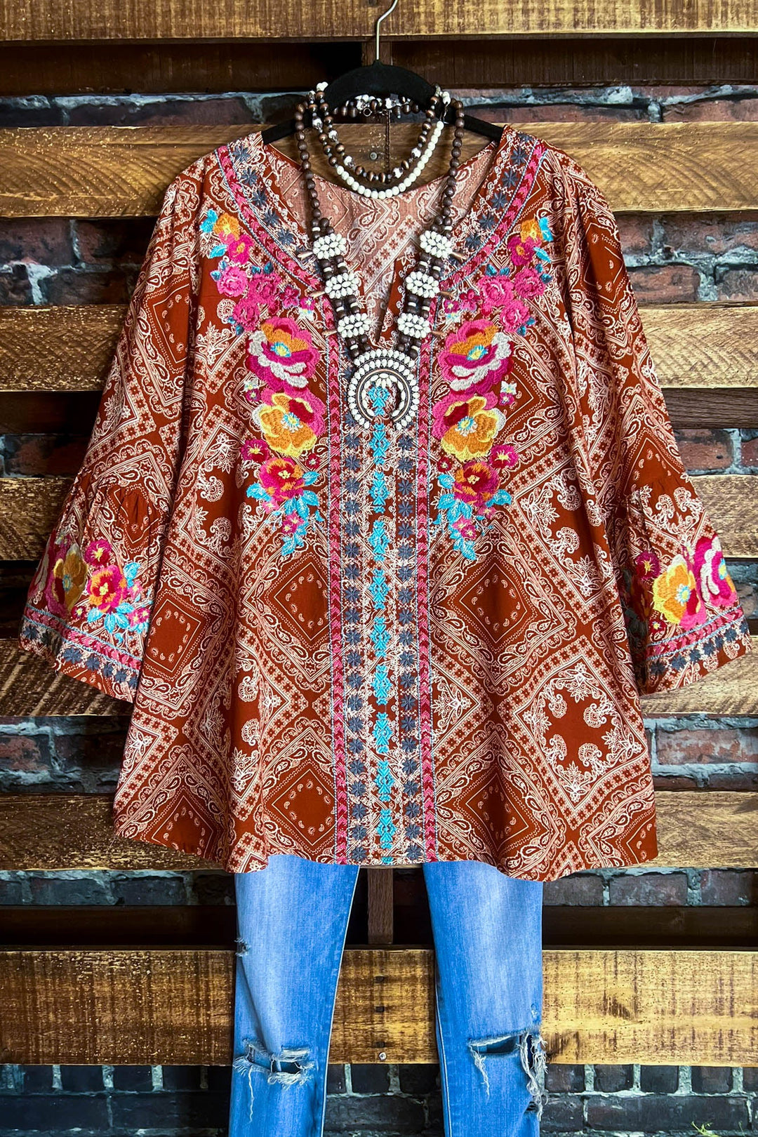 14-18 SIZE - RUSTIC BOHO EMBROIDERED TOP IN RUST--------SALE