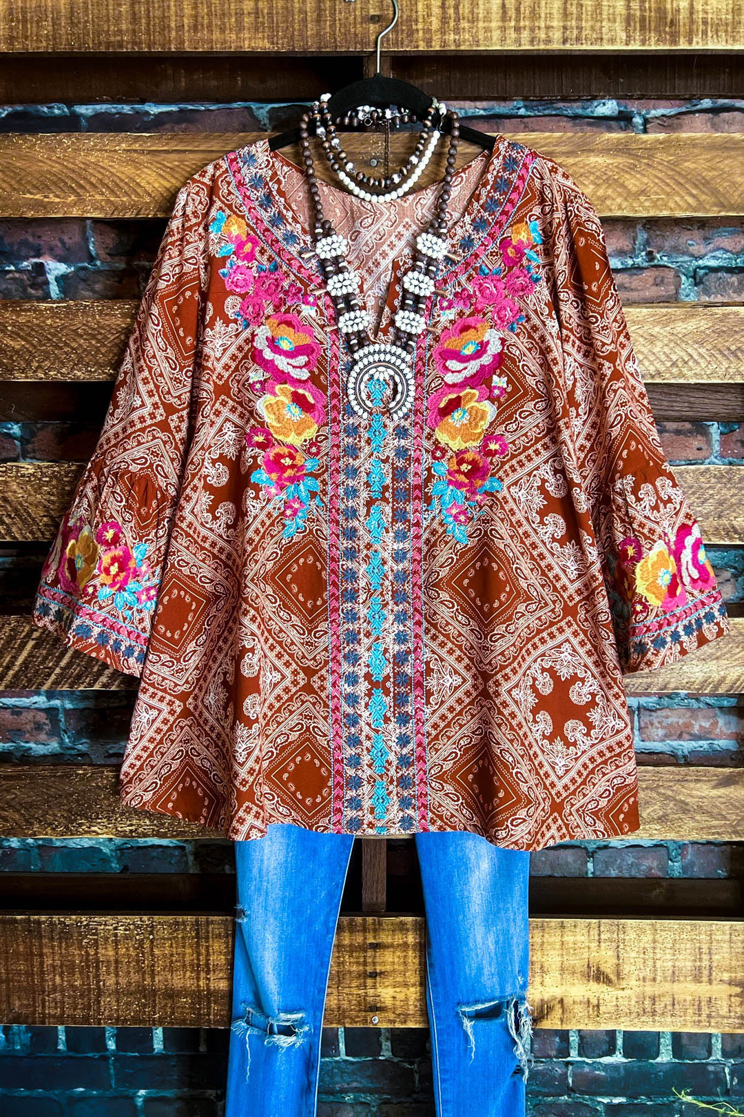 14-18 SIZE - RUSTIC BOHO EMBROIDERED TOP IN RUST--------SALE