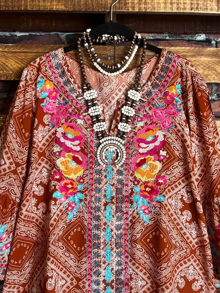 14-18 SIZE - RUSTIC BOHO EMBROIDERED TOP IN RUST--------SALE