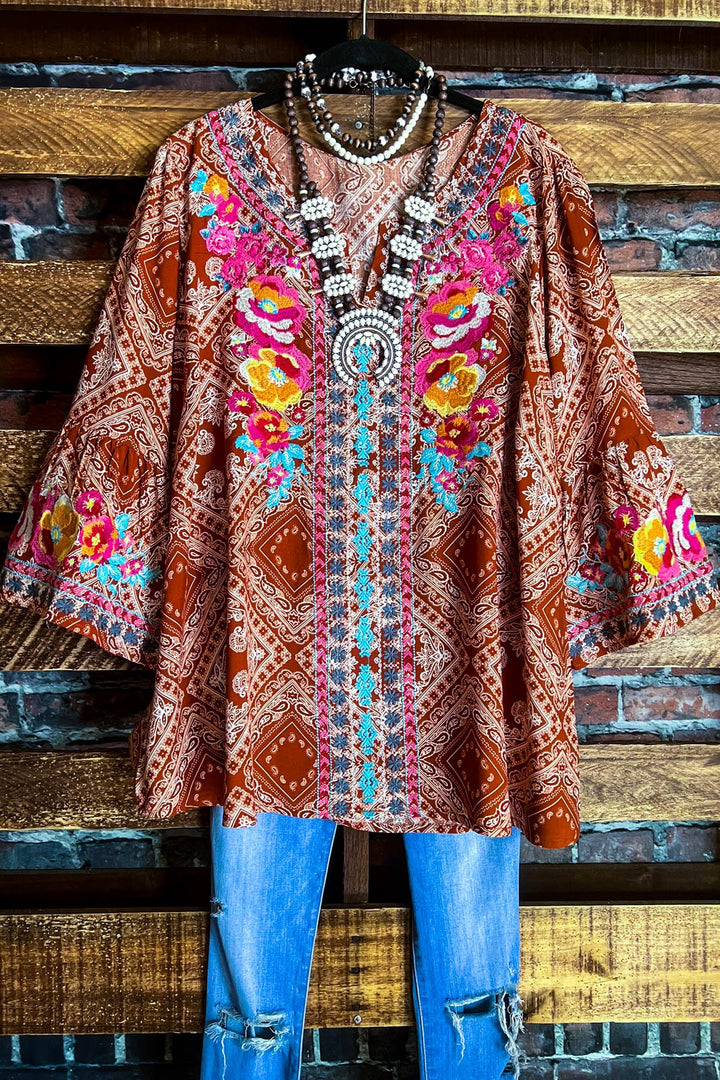 14-18 SIZE - RUSTIC BOHO EMBROIDERED TOP IN RUST--------SALE