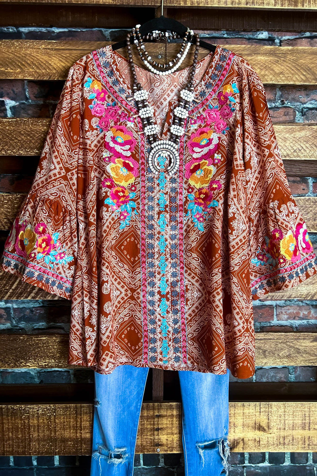 14-18 SIZE - RUSTIC BOHO EMBROIDERED TOP IN RUST--------SALE