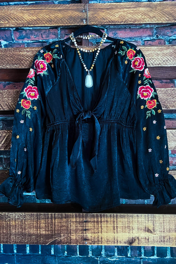 SWEET CHARM ROSES EMBROIDERED SATIN TOP IN BLACK-----------SALE
