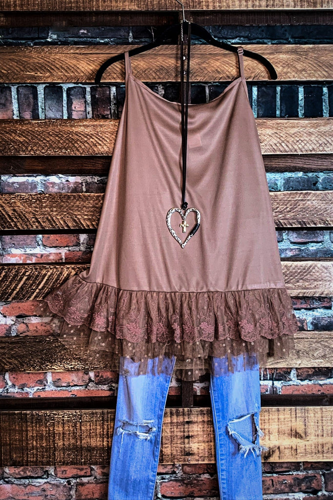 SWEET SECRETS LACE TOP LAYERING SLIP IN MOCHA------------SALE