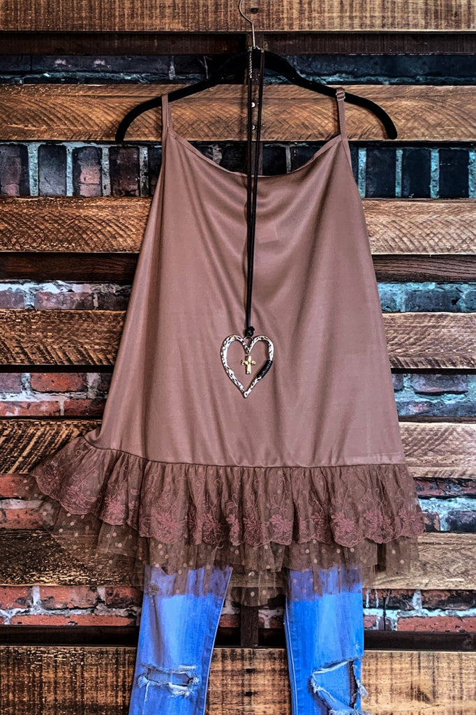 SWEET SECRETS LACE TOP LAYERING SLIP IN MOCHA------------SALE