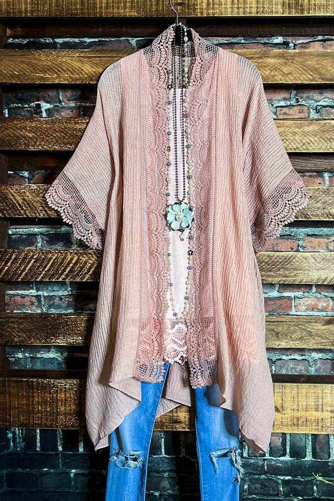 MATTERS OF THE HEART LACE CARDIGAN KIMONO IN VINTAGE ROSE